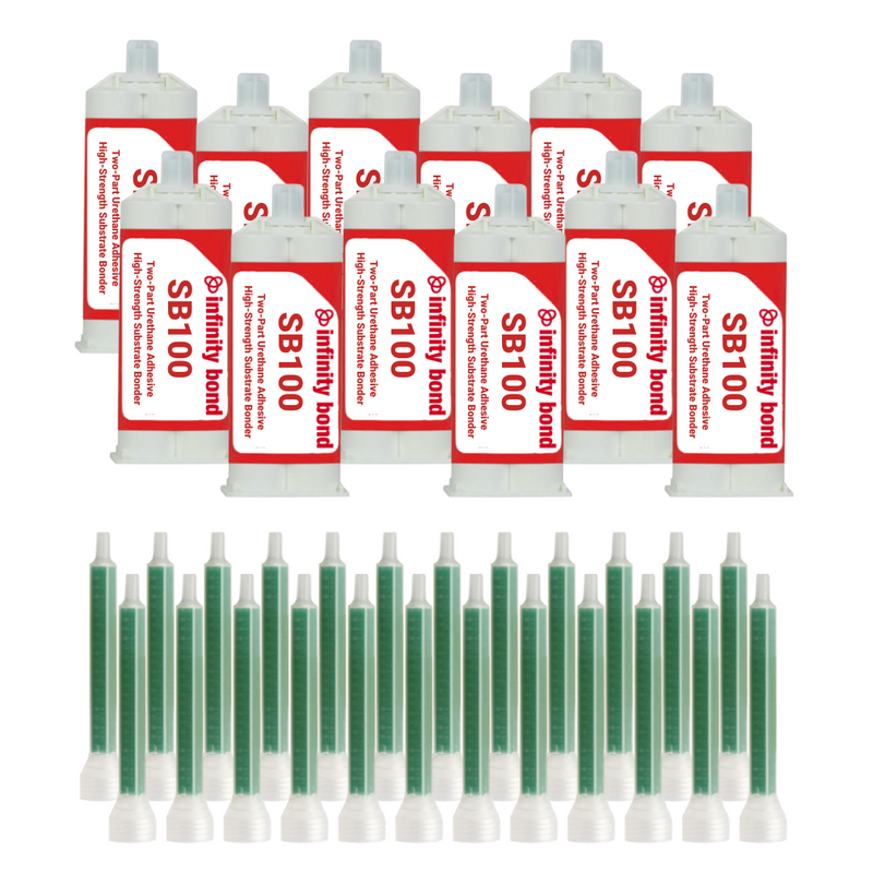 Twelve 200 mL cartridge of SB100 substrate bonder with twenty-four static mixer nozzles