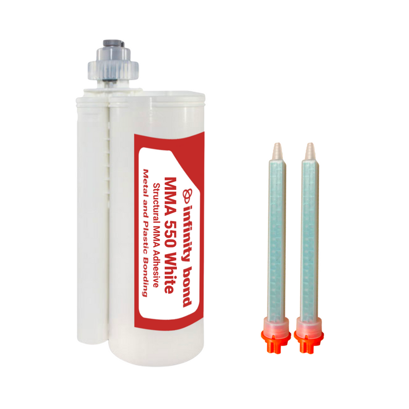 490 mL cartridge of Infinity Bond MMA 550 White with two MFQX 08-24T static mixer nozzles