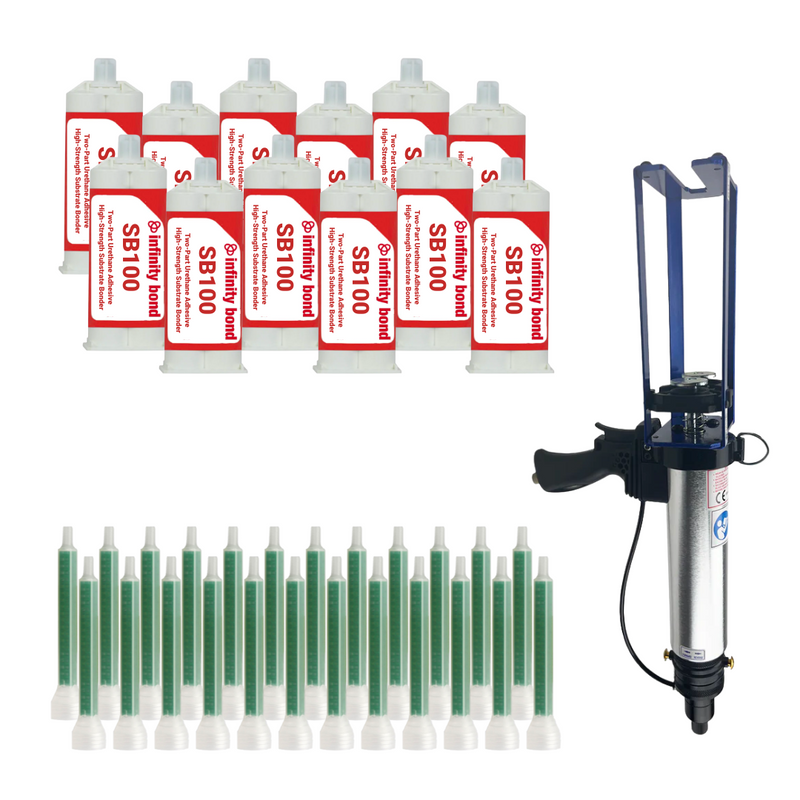 Twelve 200 mL cartridge of SB100 substrate bonder with twenty-four static mixer nozzles and a pneumatic cartridge gun