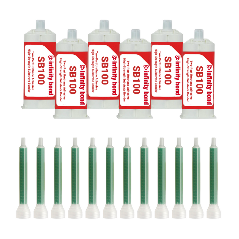 six 200 mL cartridge of SB100 substrate bonder with twelve static mixer nozzles