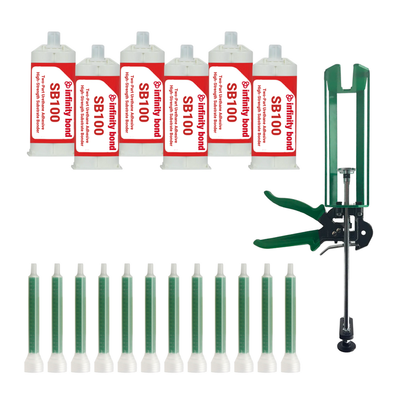six 200 mL cartridge of SB100 substrate bonder with twelve static mixer nozzles and a manual cartridge gun